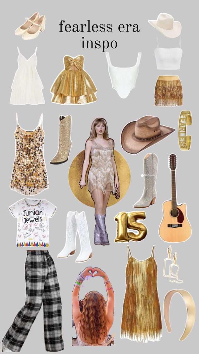 a collage of clothes and accessories with the words fearless era inspo