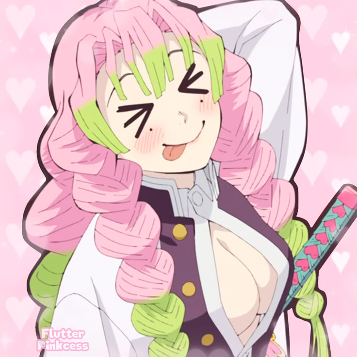 an anime character with pink hair and green eyes holding a toothbrush in her hand