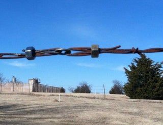 a chain link fence in the middle of a field with trees and blue sky behind it