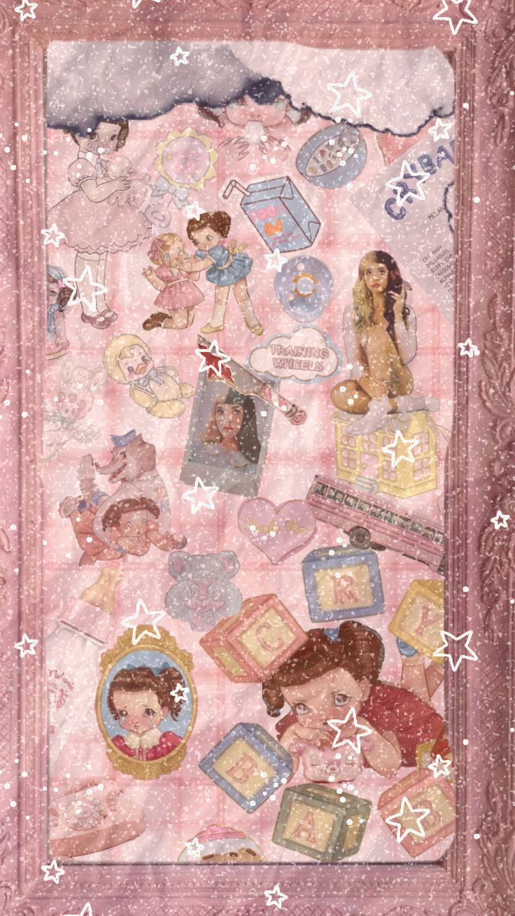 a pink quilt with pictures and stars on it