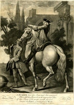 an old drawing of a man on a horse with another man standing next to him