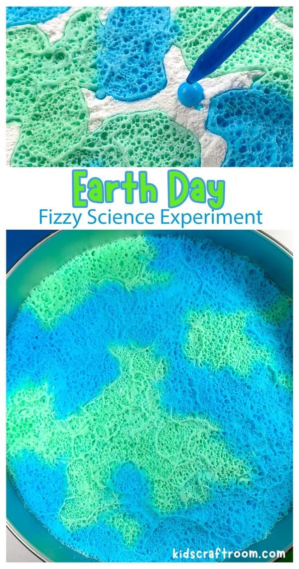 an earth day science experiment for kids with blue and green dye on it, and the words