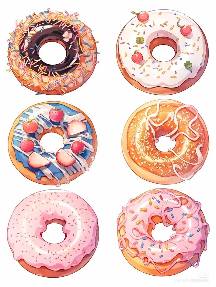 four donuts with different toppings are shown in this drawing, one is white and the other is pink