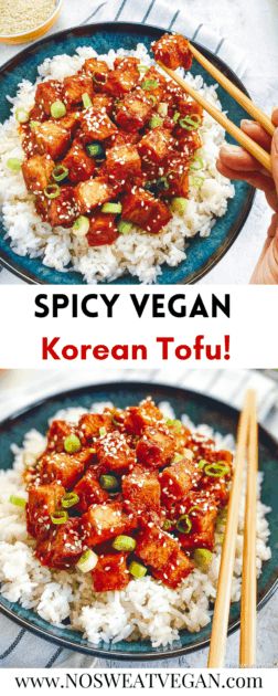 spicy vegan korean tofu on a plate with chopsticks