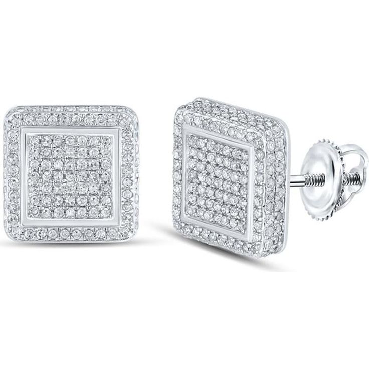 GND 10K White Gold Square Stud Earrings with Pave-Set Round Diamonds - 7/8 Carat Total Diamond Weight Square Stud Earrings, Jewelry Appraisal, Diamond Education, Square Earrings Studs, Square Stud, Ring Pendant Necklace, Square Earrings, Womens Wedding Bands, Jewelry Repair