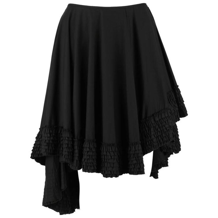 Alexander McQueen Spring-Summer 2002 "Dance of the Twisted Bull" skirt. Black cotton with asymmetrical hemline trimmed with tiers of ruffles. Raw edge detail. Closes with zipper and hook/eye at left hip. Marked Fabric Content: "100% Cotton". Marked Size: "40". Matching runway blazer available for purchase. Measurements: Waist: 30" (narrowest point) Hip: Full (measured 6" below the waist) Total Length: 30" (measured from top of waistband to longest point) Runway Blazer, Black Asymmetrical Skirt, Lee Mcqueen, Red Leather Pants, Twisted Skirt, Ruffle Skirts, Azzedine Alaia, Tiered Ruffle Skirt, Zipper Skirt