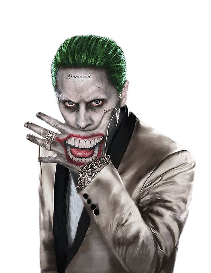 the joker with green hair is holding his hands up