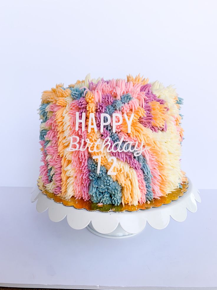 a birthday cake decorated with multicolored frosting and the words happy birthday on it