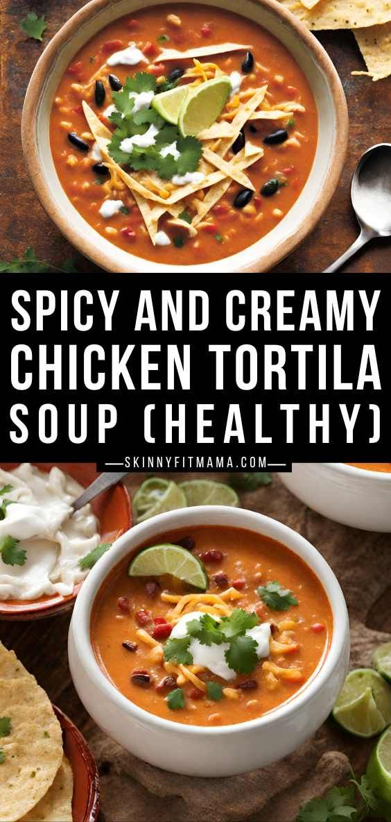 two bowls of chicken tortilla soup with sour cream and cilantro on the side