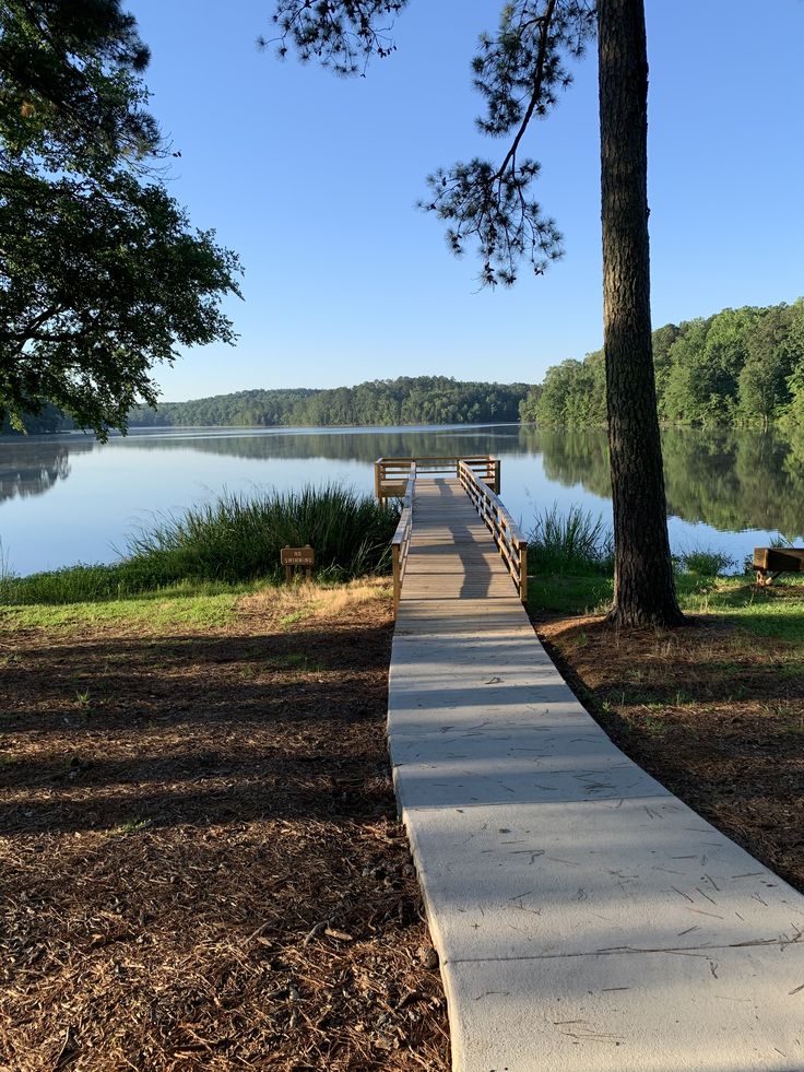 a walkway leading to a lake with benches