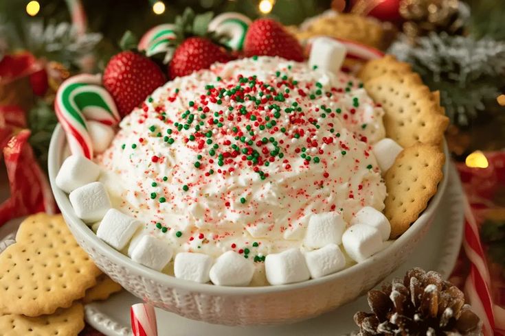 a holiday dessert in a bowl with marshmallows and candy canes around it