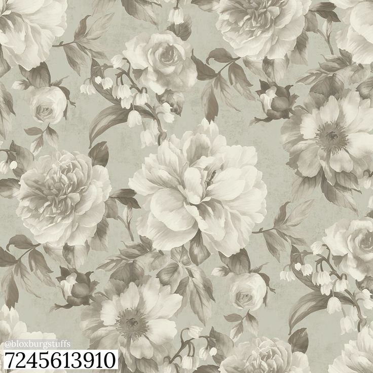 an old fashioned wallpaper with white and grey flowers on the side, as well as green leaves