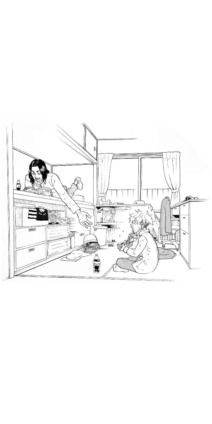 a black and white drawing of two people in a kitchen with the woman sitting on the floor