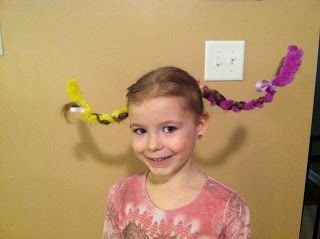 Crazy hair idea for school!  Would also work for Dr. Seuss week Dr Suess Hairstyles For Kids, Hair Idea For School, Mad Hair Day, Easy Crazy Hair Day Ideas, Troll Hair Diy, Easy Crazy Hairstyles, Who Hair, Crazy Hair For Kids, Crazy Hair Ideas