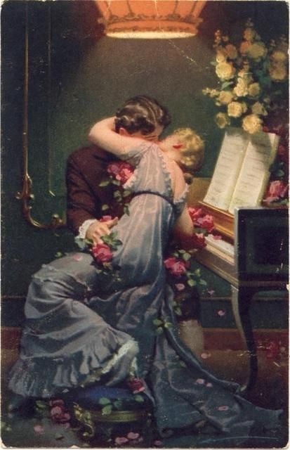 a painting of two people sitting at a piano with flowers on the ground next to them