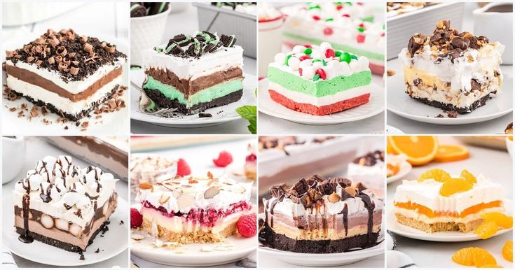 many different types of desserts are shown in this collage, including cakes and pies