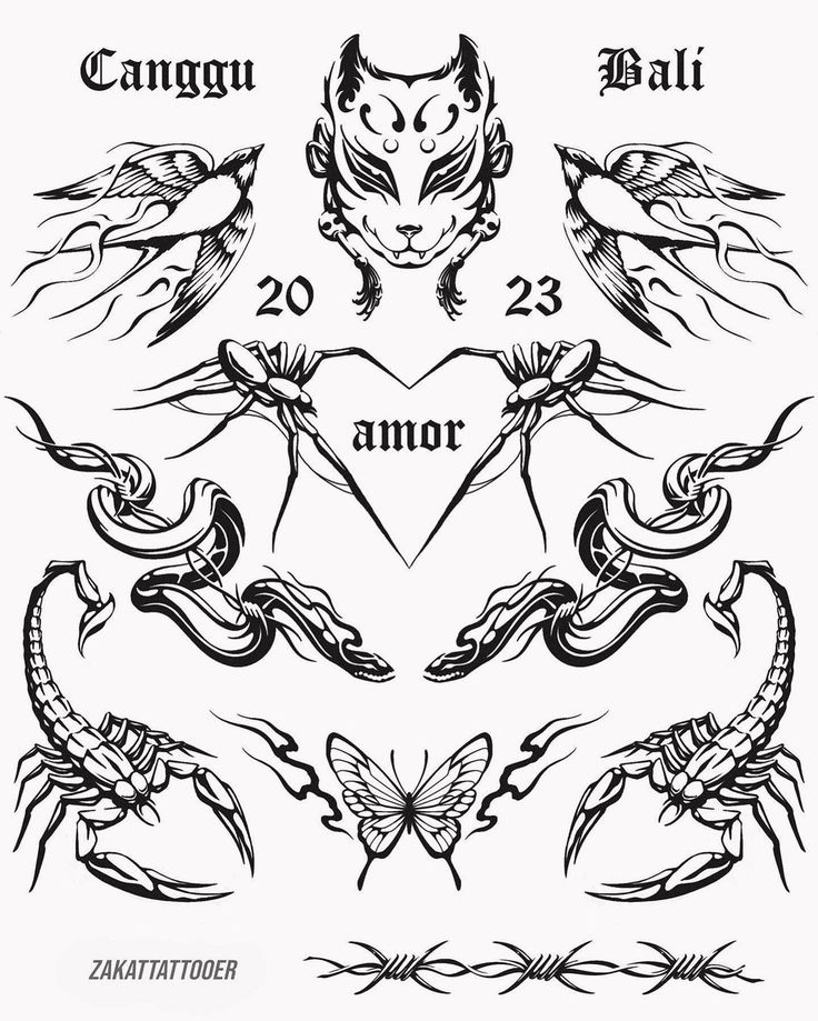 an image of tattoo designs with the zodiac sign and two scorpions on each side