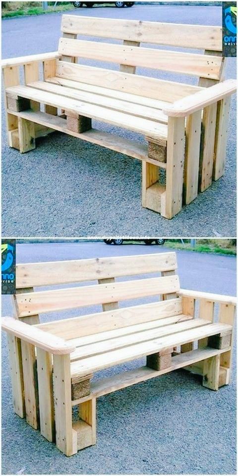 two pictures of a wooden bench made out of pallets