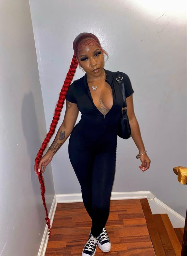 Slick Back Braided Ponytail Weave High, Long Red Braided Ponytail, Red Ponytail Braid, Red Braided Ponytail For Black Women, One Big Braid Ponytail, One Braided Ponytail, Red Ponytail Hairstyles For Black Women, Red Braided Ponytail, Red Braided Hairstyles For Black Women