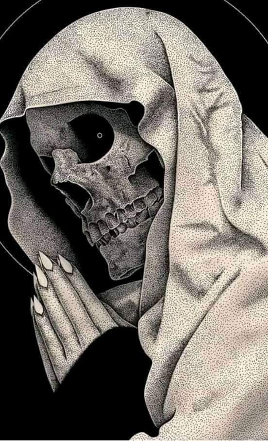 a black and white drawing of a skull wrapped in a blanket with hands on it