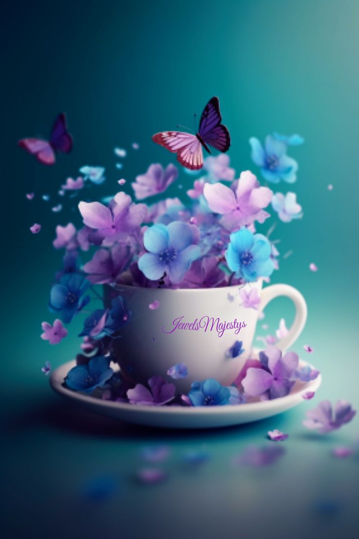 a cup filled with purple and blue flowers on top of a saucer surrounded by butterflies