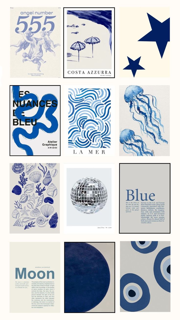 an assortment of blue and white posters with different shapes, sizes and colors on them