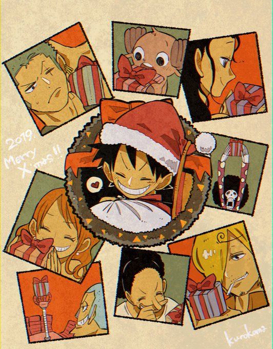 an image of some anime characters with santa hats and christmas decorations on them, all surrounded by photos