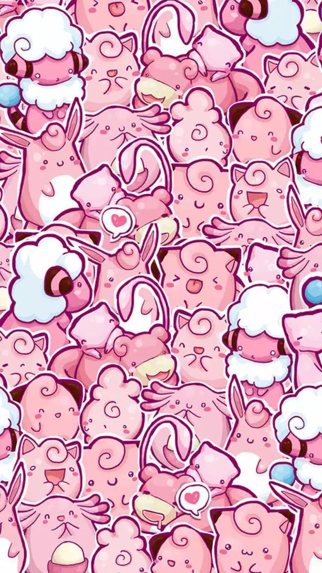 many pink and white cartoon characters are grouped together