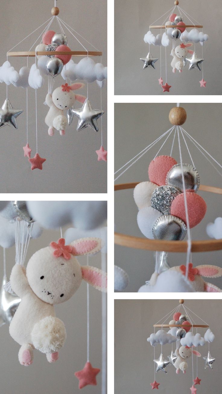 four different pictures of a stuffed animal hanging from a mobile with stars and clouds in the background