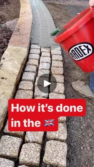 a man is holding a bucket and pouring cement into a brick walkway with the words how it's done in the uk