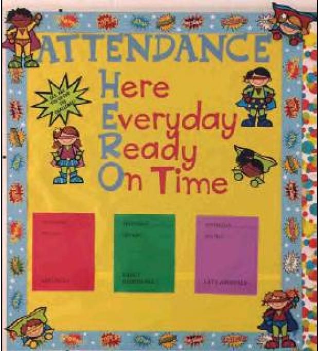 a bulletin board with the words attendance here, everyday ready on time and an image of children