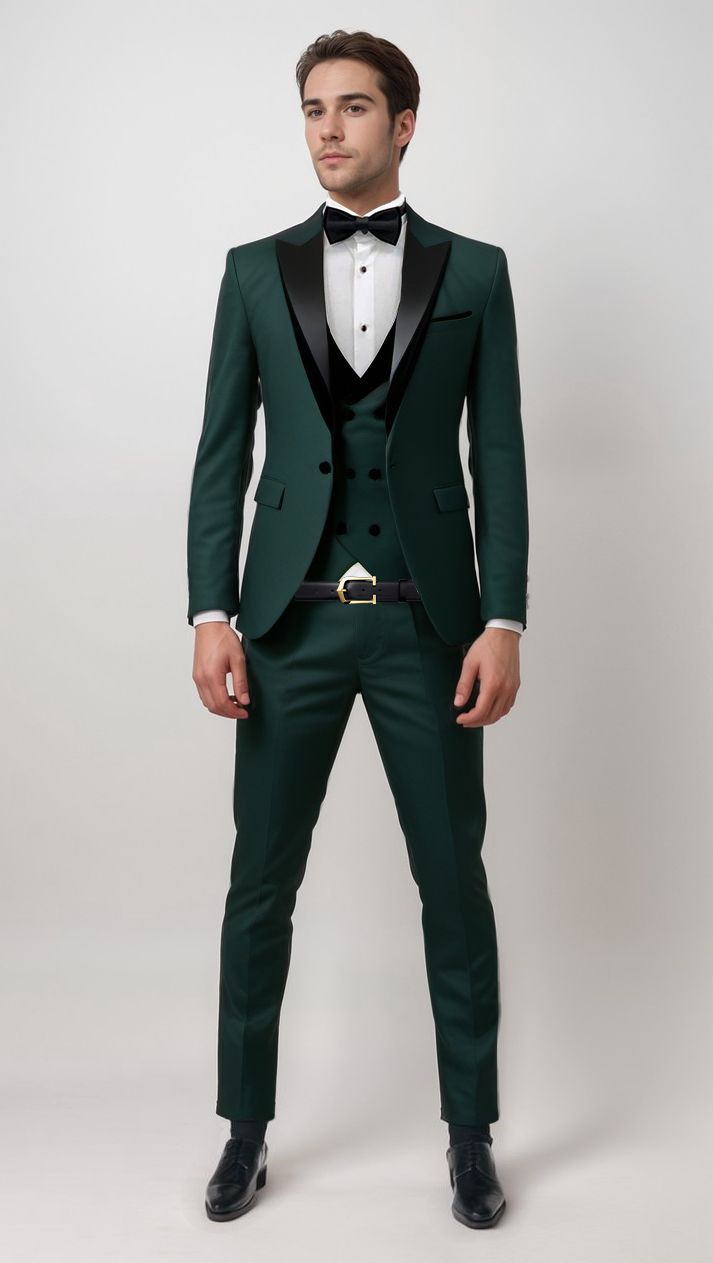 Stand out from the crowd at your formal events with the custom forest green tuxedo suit, crafted from the most comfortable and durable fabrics. This bold and striking tuxedo features a rich green hue that is sure to turn heads, while the black lapel on the jacket and waistcoat adds an element of sophistication and elegance to the design. Perfect for the modern gentleman who isn’t afraid to make a statement, our green tuxedo is the ultimate choice for any formal occasion. #greentuxedo #greentux Green Suit Collar Outerwear For Parties, Tailored Green Winter Suit, Green Notch Lapel Suit For Winter, Green Double Breasted Tuxedo Suit For Wedding, Green Winter Suits With Suit Collar, Green Three-piece Suit With Notch Lapel For Party, Green Notch Lapel Suits For Party, Green Notch Lapel Three-piece Suit For Party, Fitted Green Tuxedo For Groom