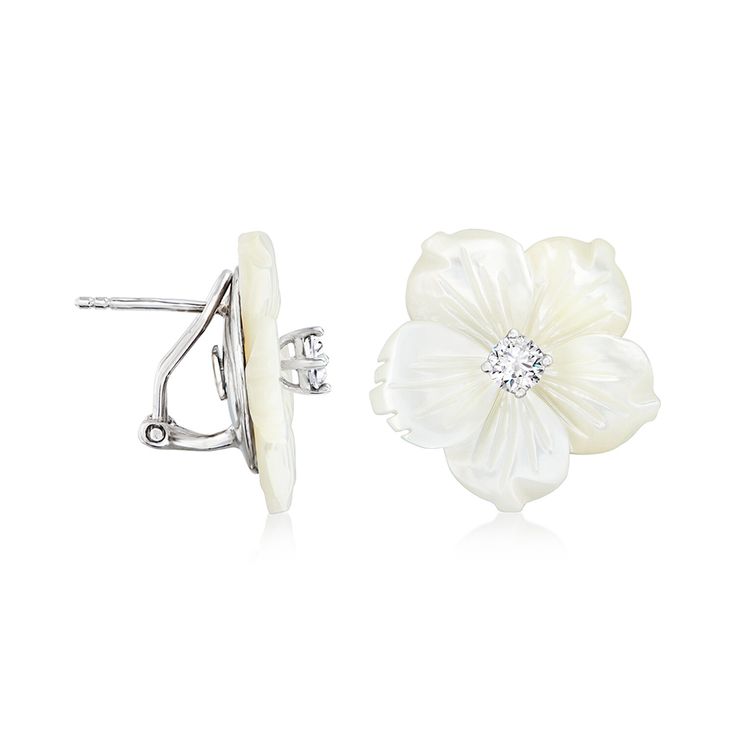 Ross-Simons - Italian Mother-of-Pearl, .40ct t. w. Cubic Zirconia Flower Earrings in Silver. This beautiful pair of earrings will cast an angelic aura over your entire ensemble. Made in Italy, the 20x20mm mother-of-pearl carved flowers are sparked with radiant .40 ct. t. w. round brilliant-cut CZs at their centers. Crafted in sterling silver. Clip/post, CZ and mother-of-pearl flower earrings. Pearl birthstones are the perfect gift for June birthdays. Formal White Sterling Silver Flower Earrings, Formal Pearl White Flower Earrings, Formal White Clip-on Flower Earrings, White Flower-shaped Clip-on Earrings For Formal Occasions, White Flower-shaped Clip-on Earrings For Formal Events, White Flower Shaped Clip-on Earrings For Formal Events, Formal Flower Shaped Clip-on Jewelry, Elegant Sterling Silver Flower Clip-on Earrings, White Flower Clip-on Earrings For Formal Events