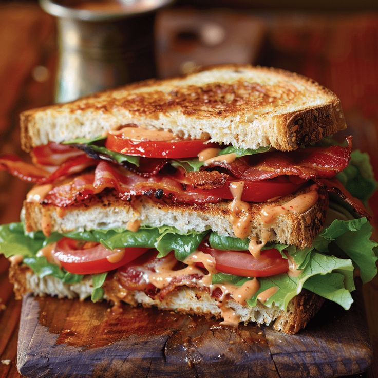 a bacon, lettuce and tomato sandwich on a cutting board