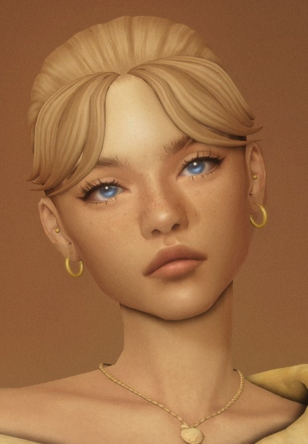 a digital painting of a woman with blonde hair and blue eyes wearing gold hoop earrings