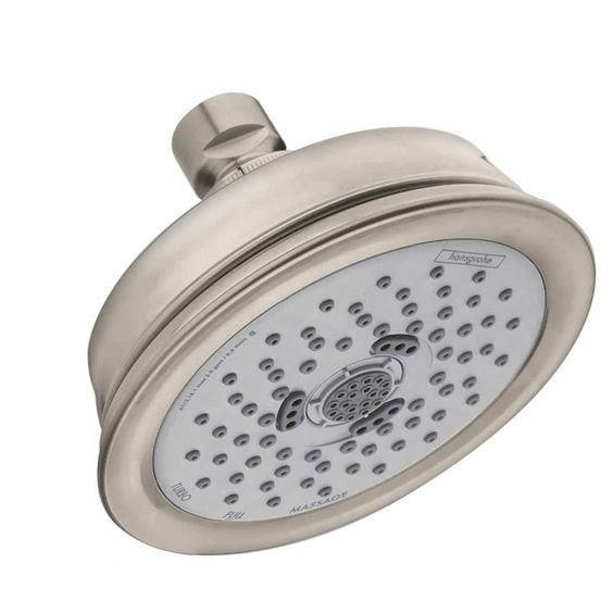 an overhead shower head with the handle extended