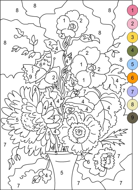 a coloring page with flowers in a vase and numbers on the pages to color by numbers