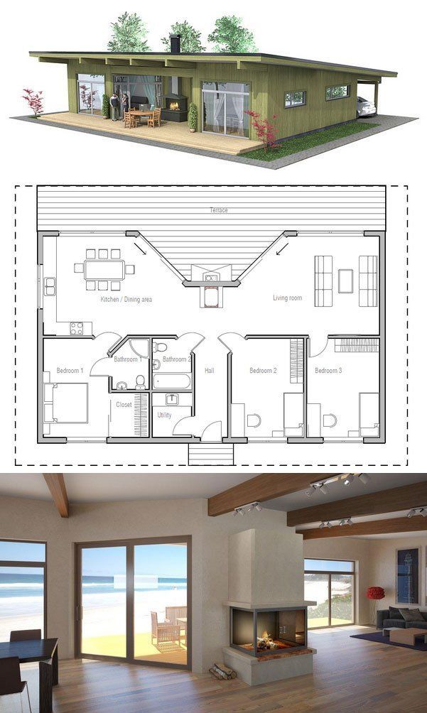 an open floor plan is shown in two different sections, and the same section has been drawn