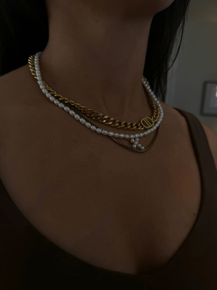 14 inch chain on shortest clasp and 17 inch on longest - 18k Gold Plated - Stainless Steel Filled - Water-resistant - Hypoallergenic Trendy Pearl Chain Link Jewelry, Everyday Pearl Necklace With Chain, Classic White Link Chain Necklace, Classic Gold-plated Pearl Chain Necklace, White Cuban Link Necklaces With Gold Chain, Pearl Chain Link Jewelry Gift, Pearl Chain Link Jewelry For Gifts, Gold Chain Link Jewelry With Pearl Chain, Gold Pearl Chain Link Jewelry