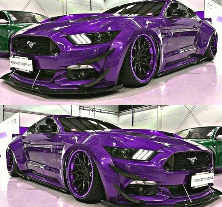 two pictures of the front and side of a purple mustang with chrome wheels on display