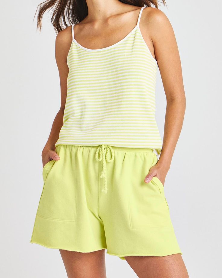 Lime Comfortable Sleepwear With Built-in Shorts For Summer, Relaxed Cotton Shorts For Beach Season, Casual Loungewear Shorts For Warm Weather, Beach Season Beachy Pajama Shorts For Loungewear, Beachy Pajama Shorts For Loungewear During Beach Season, Beachy Loungewear Pajama Shorts For Beach Season, Comfortable Pajama Shorts For Beach Season Loungewear, Relaxed Fit Shorts For Beachwear Loungewear, Cotton Drawstring Shorts For Vacation