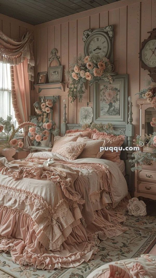 there is a bed with pink ruffles and roses on the sheets in this room