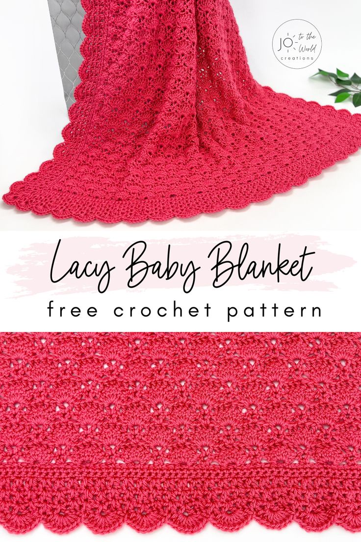 crocheted baby blanket with text that reads lacy baby blanket free crochet pattern