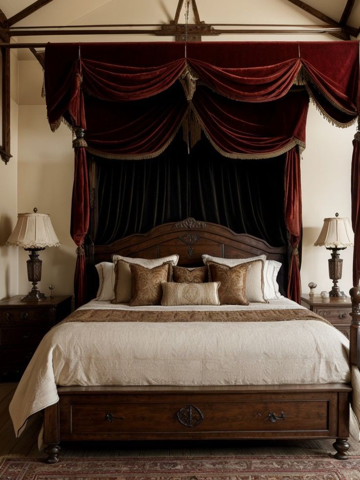 a canopy bed with red curtains and pillows