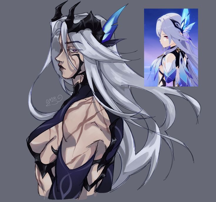 an anime character with long white hair and horns on her head, standing in front of a