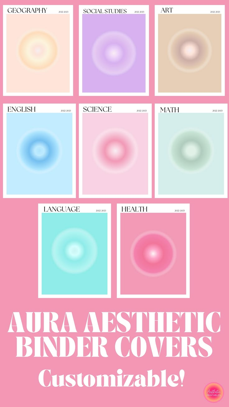 four different colored circles with the text aura aesthetic binder covers customizable?