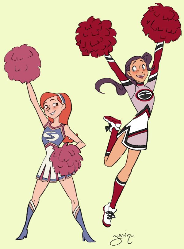 two cheerleaders with pom poms in their hands, one holding up her arms