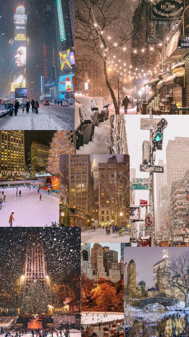 many different pictures of people walking and skating in the snow at night, with buildings lit up