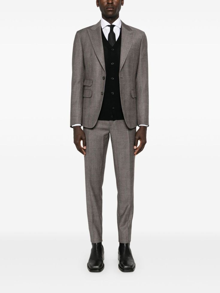 DSQUARED2 double-breasted Virgin Wool Suit - Farfetch Brown Double Breasted Business Suit, Classic Brown Three-piece Suit For Business, Classic Brown Three-piece Business Suit, Brown Double Breasted Business Suit With Welt Pockets, Brown Double Breasted Suit With Welt Pockets For Business, Tailored Tweed Jacket For Business, Fall Single-breasted Suits For Business Meetings, Classic Three-piece Fall Suit, Business Suits With Concealed Placket For Fall