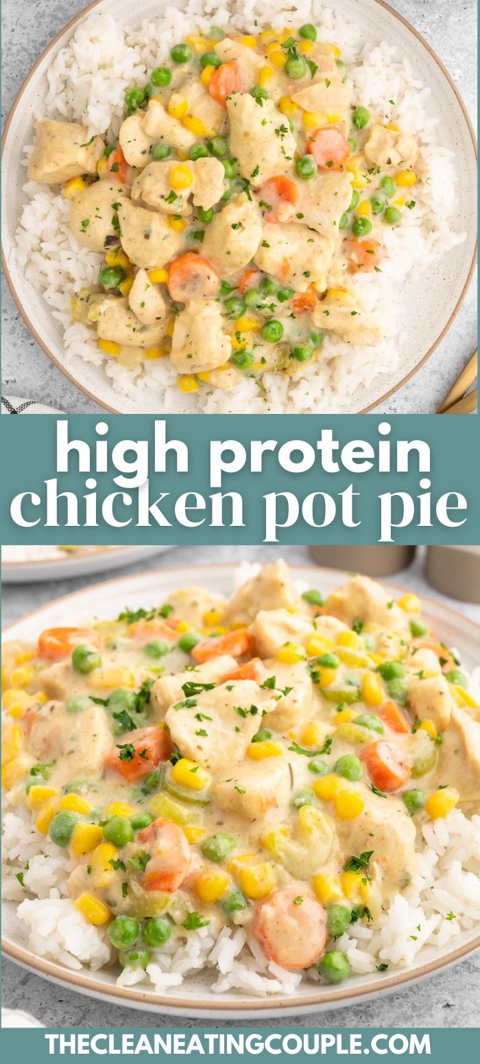 chicken pot pie with rice and vegetables in it on a plate, next to the same image